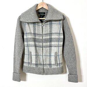 Ralph Lauren 100% Wool Plaid Sweater Zip Up Jacket Sailor Collar Monochrome LRL
